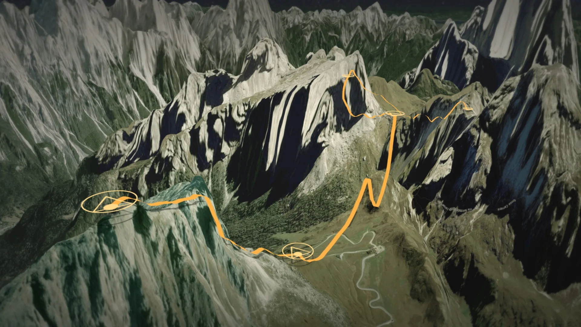 Cinematic 3D map with a glowing route line